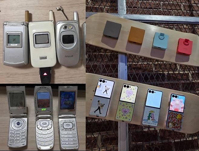 2000년대 차례로 등장한 삼성 애니콜 폴더폰 3종(좌측 상하). 10일(현지시간) 미국 뉴욕 브로드웨이 500번지에 문을 연 '갤럭시 익스피리언스 스페이스'에 전시된 갤럭시Z플립7 제품들(우). ⓒ임채현 기자