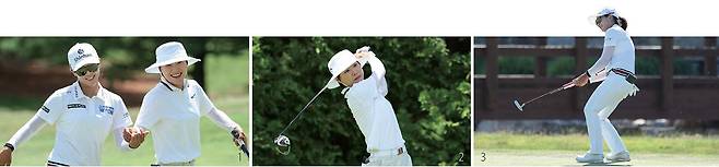 1 6월 29일 2025 다우 챔피언십 최종 라운드 5번 홀에서 임진희(왼쪽)가 퍼트에 성공한 후 이소미와 함께 기뻐하고 있다. 2 이소미가 다우 챔피언십 최종 라운드 6번 홀에서 티샷을 하고 있다. 3 임진희가 최종 라운드 18번 홀에서 퍼팅한 후 반응하고 있다. / 사진 AFP연합