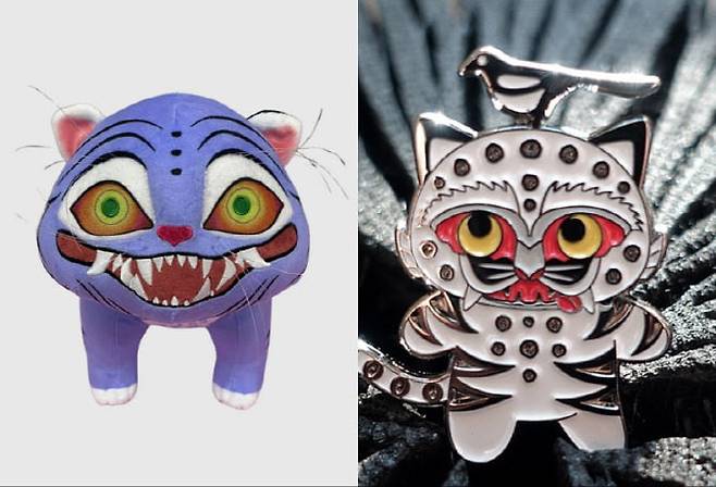 넷플릭스 더피 굿즈(왼쪽), 국립중앙박물관의 까치 호랑이 배지