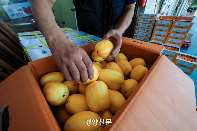 짧은 장마와 기록적인 폭염으로 여름 제철 과채류의 가격이 큰 폭으로 오르고 있다고 우려하고 있는 11일 서울 강서 청과물 시장에서 한 상인이 과일 가격에 대해 설명하고 있다. 2025.7.11 이준헌 기자