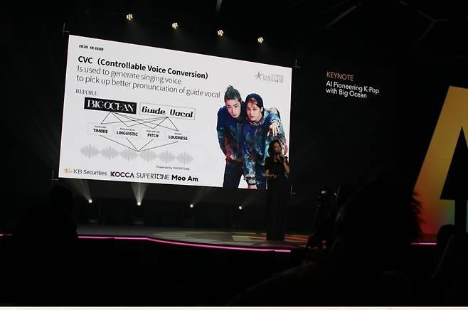 Haley Cha, CEO of Parastar Entertainment, speaks about the company’s technological collaboration with Supertone during the "AI for Good Global Summit" held in Geneva on Wednesday. (Parastar Entertainment).