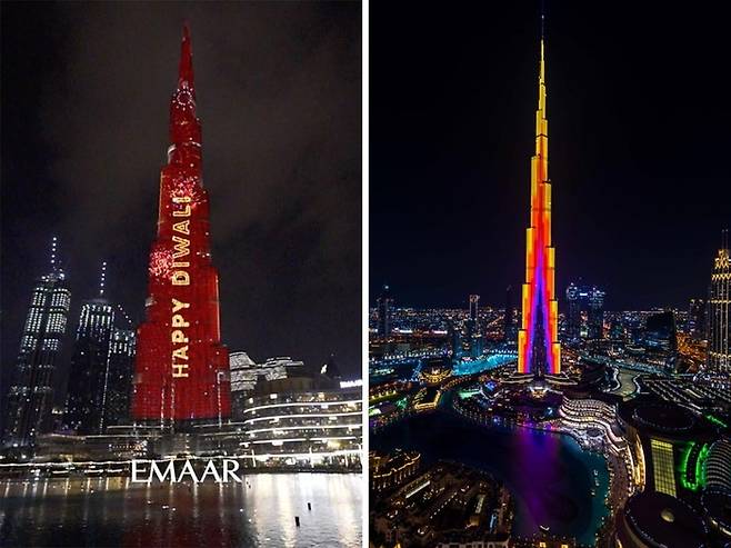 세계에서 가장 높은 두바이 부르츠 할리파에 ‘즐거운 디왈리(HAPPY DIWALI)’라고 레이저를 쏘고 이를 축하하는 모습 /사진=EMAAR