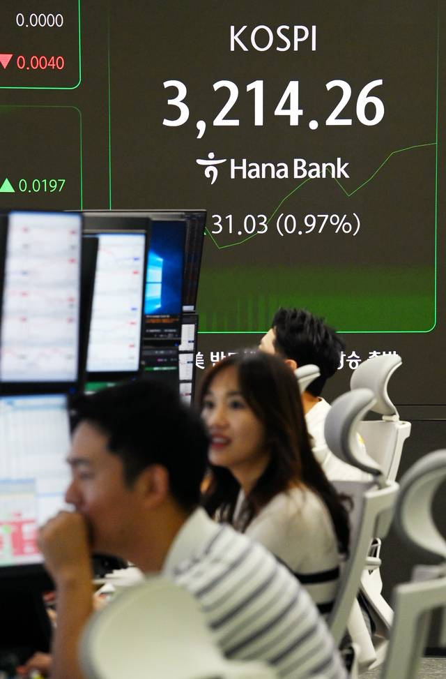 활짝 웃는 증시  : 코스피 지수가 약 4년 만에 장중 3200선을 돌파한 11일 오전 서울 중구 하나은행 딜링룸 전광판에 코스피 지수가 표시돼 있다. 윤성호 기자