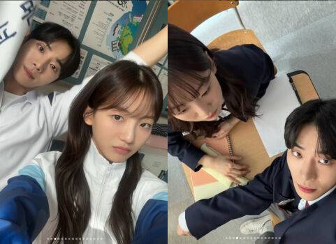 배우 추영우가 드라마 '견우와 선녀' 상대 배우인 조이현과 함께한 커플 셀카를 찍고 있다. / 추영우 개인 인스타그램