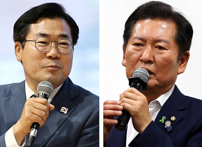 더불어민주당 당 대표 선거에 출마한 정청래 의원(오른쪽)과 박찬대 의원. [연합]