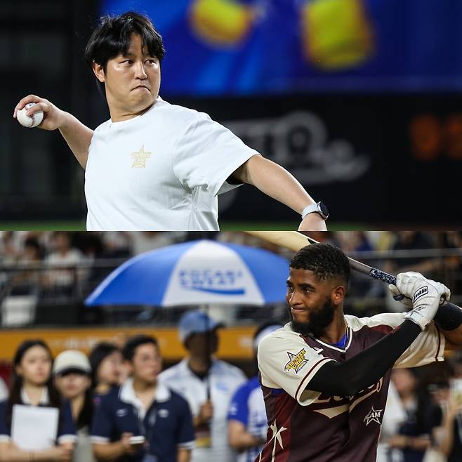 11일 올스타전에서 디아즈의 홈런더비 배팅볼을 던진 이우일 1군 매니저(위). 삼성 제공