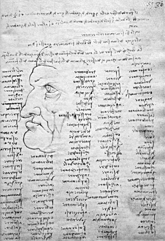 다빈치의 노트 중 ‘코덱스 트리불자누스’ 일부. 단어들 사이로 장난스러운 얼굴 그림이 보인다. [사진 상상스퀘어]