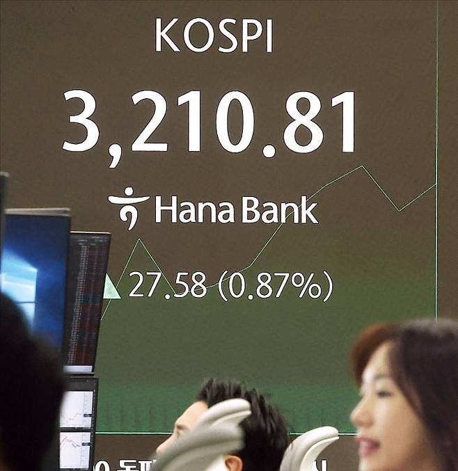 코스피지수가 11일 장중 3200을 돌파했다. 2021년 9월 7일 이후 3년10개월 만이다. 서울 중구 하나은행 본점 딜링룸에서 직원들이 업무를 보고 있다.  /연합뉴스