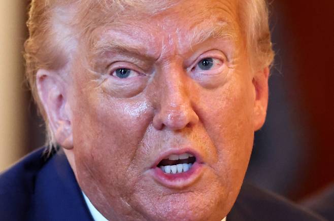 지난 7일(현지시각) 도널드 트럼프 미국 대통령이 워싱턴DC 백악관에서 베냐민 네타냐후 이스라엘 총리와 만찬 중 발언하고 있다. /사진=워싱턴DC 로이터 뉴스1 윤다정 기자