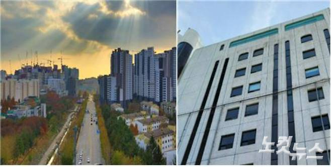 과천시 원도심 전경과 신천지 예배시설이 위치한 상가건물 모습. 과천시 제공, 박창주 기자