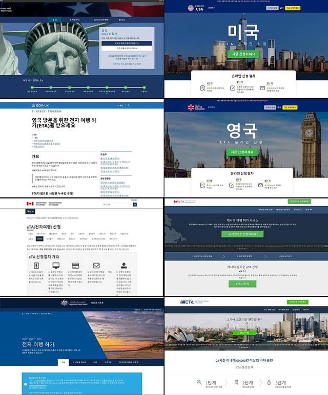 전자여행허가 공식 사이트(왼쪽)와 대행을 사칭하는 사이트 비교. 윗줄부터 미국, 영국, 캐나다, 호주. 한국소비자원