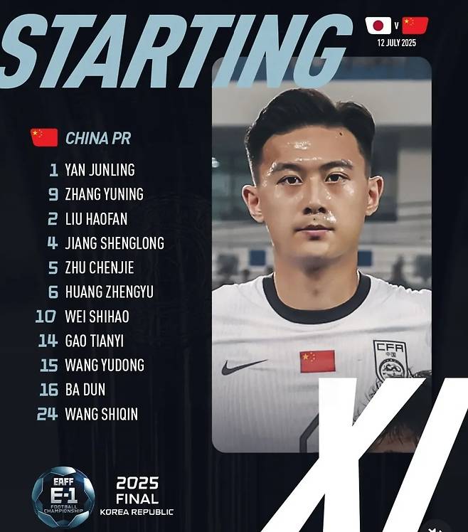 중국의 일본전 선발 라인업. /사진=동아시아축구연맹(EAFF) 공식 사회관계망서비스(SNS)