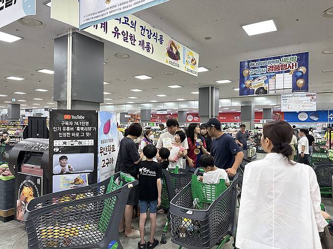 13일 하나로마트 광주점에서 로컬기업 팜스뱅크가 ‘치즈 군고구마’와 ‘파인애플 군구마’를 판매하고 있다. 사진은 송용호(사진 上) 팜스뱅크 대표와 인기 고구마를 맛보기 위해 행사장에 줄지어 서 있는 시민들 모습(사진 下).