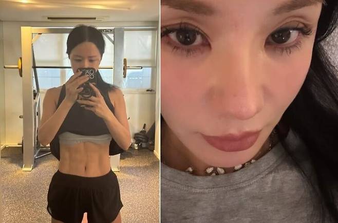 가수 겸 배우 엄정화가 탄탄하게 다져진 복근을 공개했다. 평소 엄정화는 복싱, 발레, 서핑 등을 즐기는 것으로 알려졌다. [사진=SNS]