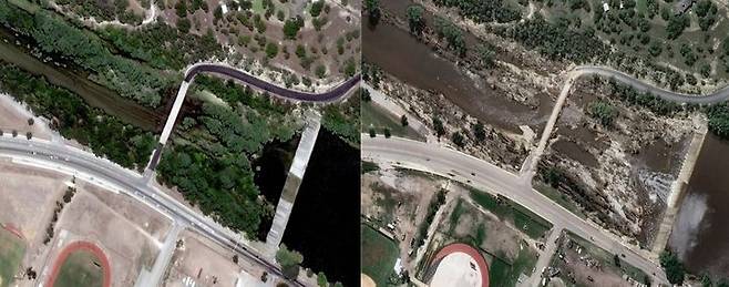 2022년(왼쪽)과 지난 8일(오른쪽) 텍사스 잉그램 댐의 모습을 비교한 사진. 맥사 테크놀로지 캡처