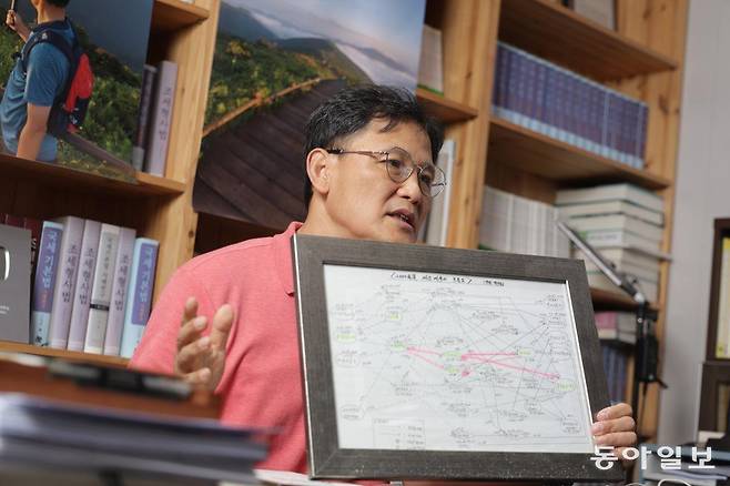 국세청 시절  그는 당시 큰 이슈가 됐던 ‘금지금’ 사건을 1년 반 정도 추적해 상당한 전모를 밝혀냈다. 하지만 공적은 당시 검찰이 다 가져가버렸다고 한다. 당시 순금 수출시 부가가치세가 면제되는 제도를 악용해 많은 업체가 부당이득을 챙겼다. 가념으로 간직하고 있는 당시 관련 업체들의 추적도를 보여주는 고성춘 변호사. 변영욱 기자 cut@donga.com