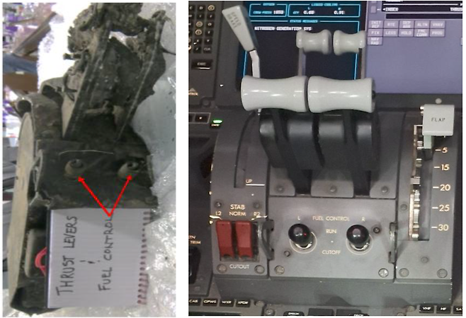 인도 조사당국이 공개한 사고기의 엔진 연료스위치(왼쪽)와 정상적인 보잉 787 기종의 연료스위치. 출처 인도 항공사고조사국