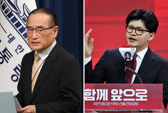 왼쪽부터 위성락 대통령실 국가안보실장, 한동훈 국민의힘 전 대표.<연합뉴스 사진·페이스북 한동훈 official 페이지 사진 갈무리>