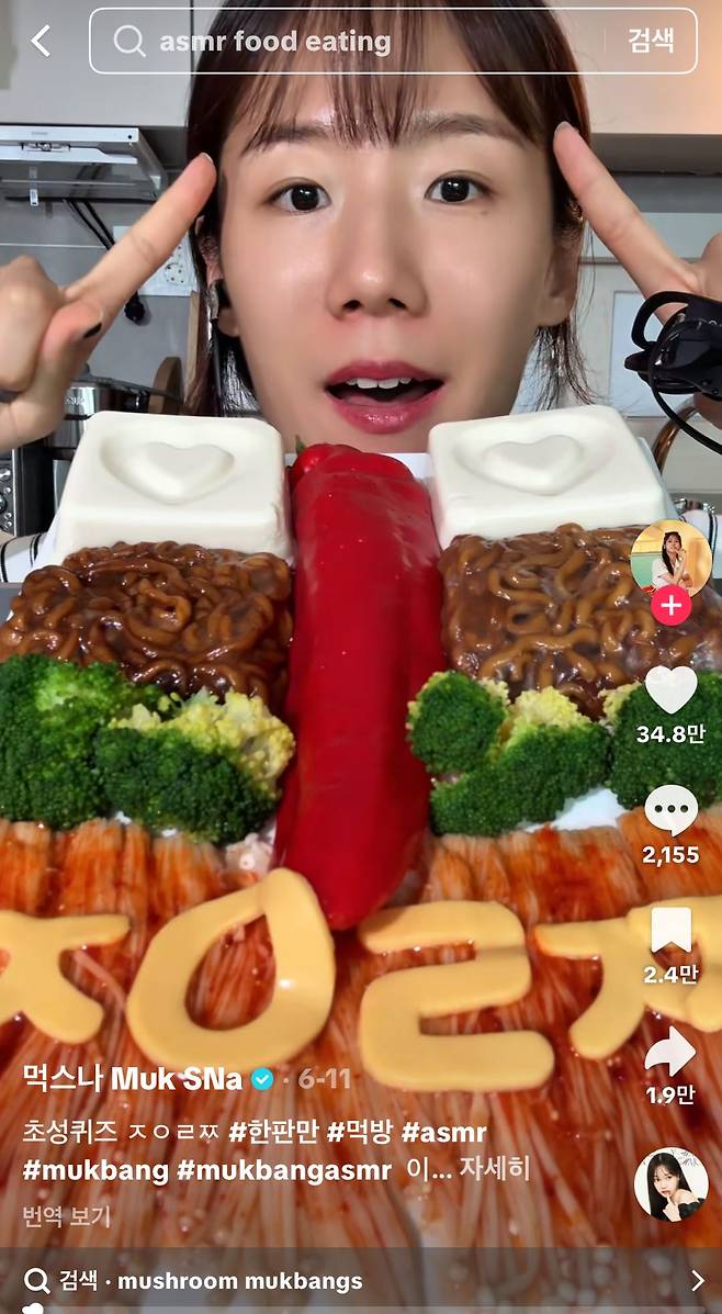 먹스나는 '먹방=가로 화면'이던 때에 '세로 먹방'을 시작해 인기를 얻었다./사진제공=틱톡