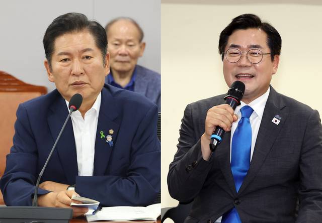 더불어민주당 당 대표 출마를 선언한 정청래(왼쪽) 의원과 박찬대(오른쪽) 전 원내대표가 9일 서울 여의도 국회 의원회관에서 열린 ‘당원 주권 정당개혁 토론회’와 ‘진짜 대한민국 ON AIR 유튜브 토크콘서트’에서 각각 발언하고 있다. 뉴시스.