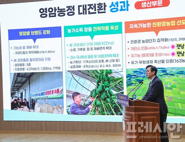 ▲지난달 우승희 군수가 혁신 거버넌스 대회서 농정 대전환 프로젝트 성과 발표를 하고 있다. ⓒ영암군