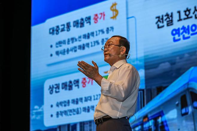 김덕현 연천군수가 지난 1일 연천수레울아트홀 소공연장에서 열린 'AIGreen Bio 미래 성장도시 연천' 행사에서 민선8기 3주년을 맞아 주요성과 및 미래비전을 군민과 공유하고 있다. 사진=연천군청