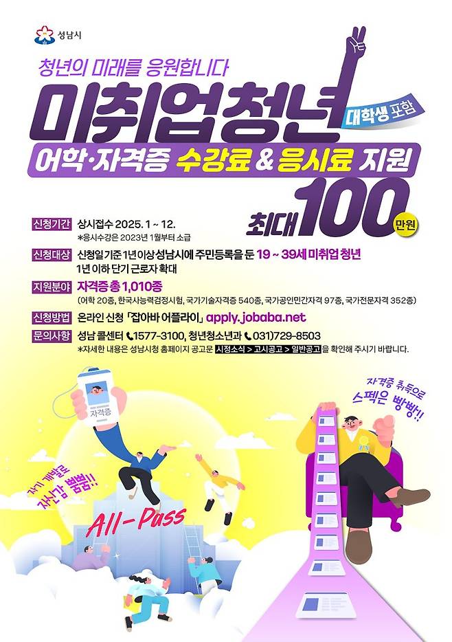 성남시 미취업 청년 어학·자격증 학원 수강료& 시험 응시료 지원 사업 안내문. 성남시 제공