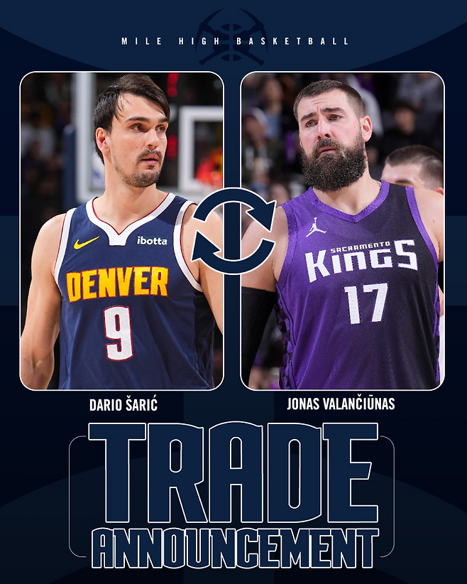 14일 사리치-발렌슈나스 트레이드 소식을 공식 발표한 덴버 너게츠. 사진=덴버 SNS