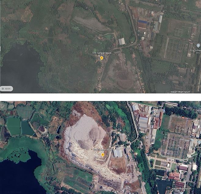 인도네시아 그레식 지역의 응기픽 쓰레기 선별장의 2013년 모습과 지난해 모습. 10년 사이 7층 높이의 쓰레기산이 생겼다. 구글어스 캡처