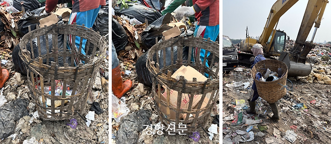 지난 4월24일 쓰레기산에서 넝마주이들이 트럭들이 쏟아낸 쓰레기 속에서 페트병과 종이를 골라냈다. 오경민 기자