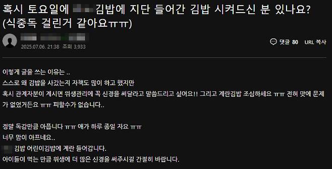 해당 가게 김밥을 먹고 고열, 복통, 구토, 설사 등 증상을 겪었다는 글 일부 발췌. 네이버 카페 캡처