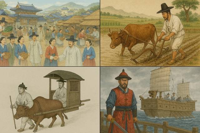 생성형 인공지능(AI) 챗GPT를 통해 제작한 조선시대 문화와 관련된 그림들. 윗줄 왼쪽부터 시계 방향으로 조선시대 경복궁 앞 풍경, 조선시대 농부가 농사를 짓는 모습, 조선 시대 해군의 모습, 조선시대 흔하게 사용된 이동 수단. 챗GPT는 4개 그림 모두 역사에 기록된 조선시대와 다르게 표현했다.