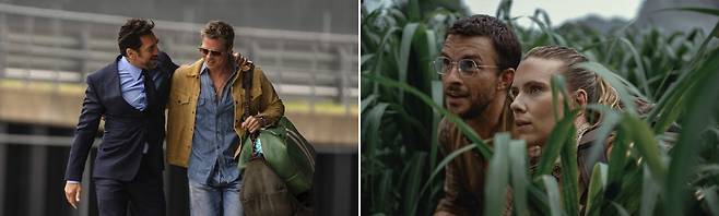 브래드 피트 주연의 <F1 더 무비>(왼쪽)와 스칼릿 조핸슨이 출연한 <쥬라기 월드:새로운 시작>(오른쪽). ⓒ워너브라더스 코리아 제공, 유니버설 픽처스 제공