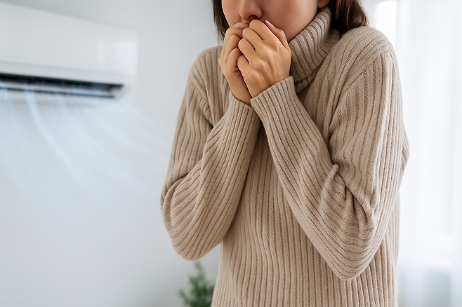 에어컨 앞 추워하는 여성