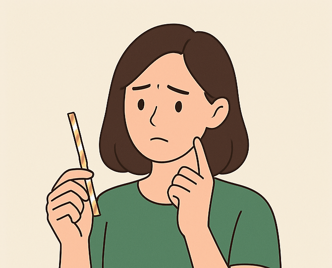 종이 빨대를 들고 고민하는 여성