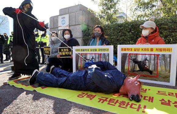 한국동물보호연합 등 동물보호단체가 2022년 1월 여의도 KBS 본관 앞에서 '태종 이방원' 드라마 동물학대 규탄 기자회견을 했다. 참가자가 말 분장을 하고 당시 상황을 재연하고 있다. 연합뉴스