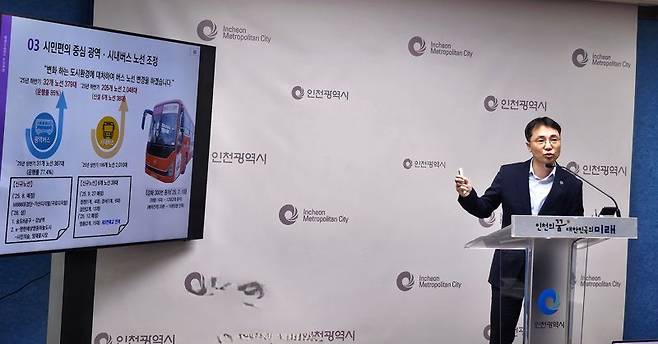 김인수 인천시 교통국장이 15일 인천시청 브리핑룸에서 인천시의 교통정책에 대해 설명하고 있다. 사진=한갑수 기자.