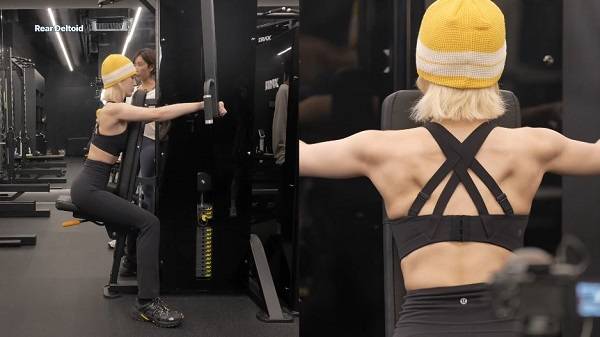 리어 델토이드 플라이를 하는 전소미./사진=유튜브 채널 ‘IMOS 전소미’