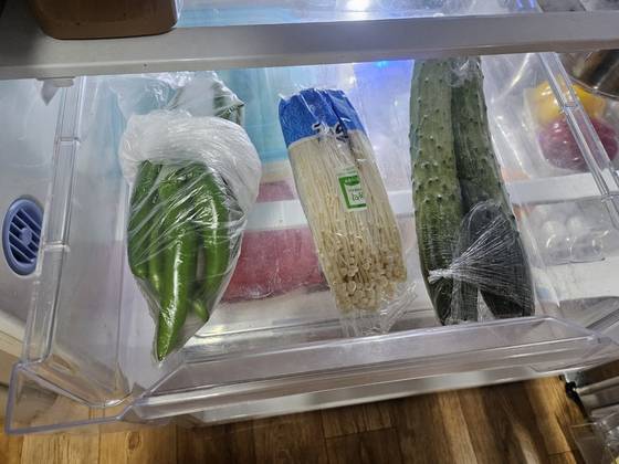 김형석 교수의 냉장고 안. 실제 채소가 많기는 했다. 정세희 기자