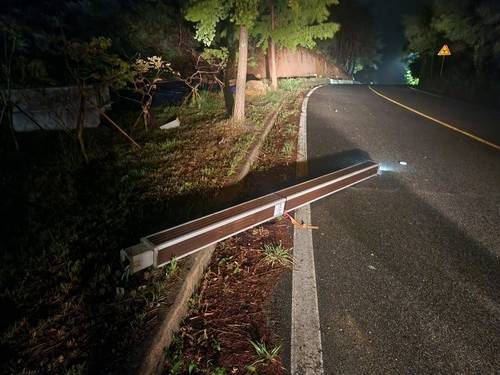 ▲ 많은 비가 내린 14일 오후 11시 58분쯤 고성군 죽왕면 오봉리 도로 인근 가로등이 쓰러졌다. 고성군 제공