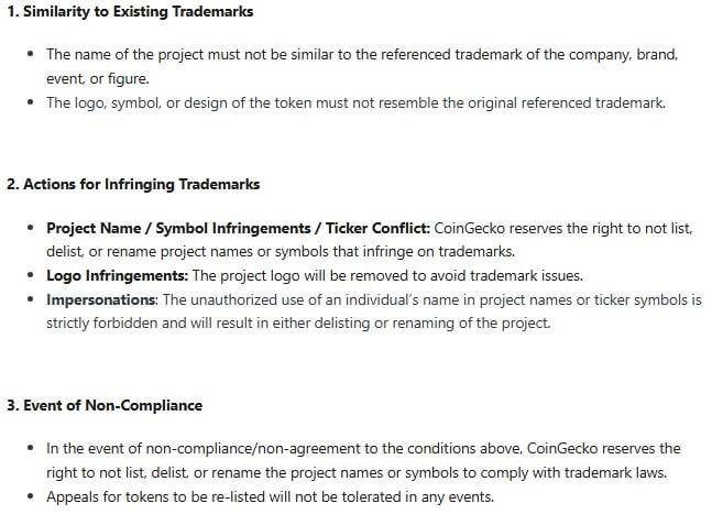 코인게코 플랫폼 내 프로젝트, 심볼, 티커 관련 상표권 조항. 상표권 침해 프로젝트에 대한 상장 폐지 및 이름 수정이 가능하다고 명시했다. / 사진=코인게코