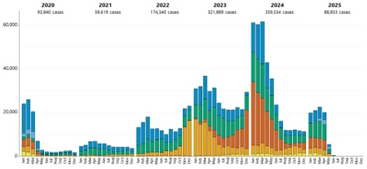 전 세계 연도별, 월별 홍역 발생 현황. 질병관리청 제공