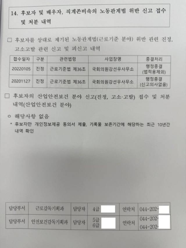 조은희 국민의힘 의원이 공개한 강선우 여성가족부 장관 후보자 임금 체불 진정 관련 자료. 조은희 의원실