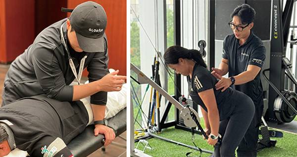 (왼쪽) 매경오픈 현장에서 선수 컨디셔닝을 돕는 트레이너.  (오른쪽) 수원CC점 트레이닝 룸, 퍼포먼스 향상을 위한 훈련이 한창이다.