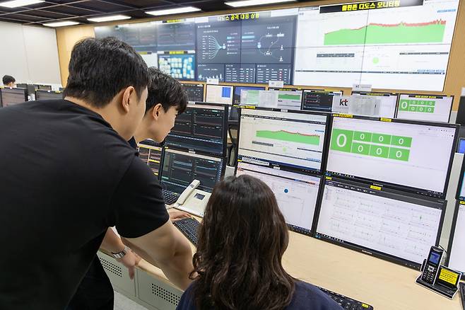 KT 관계자들이 경기 과천시 KT 네트워크 관제센터에서 정보보안 현황을 모니터링하고 있다. [사진 = KT]