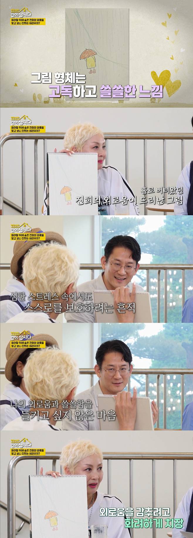 정신건강의학과 전문의 이광민은 배우 홍진희가 그린 그림에 대해 "밝고 예쁘게 포장돼있지만, 실제 모습은 고독하고 쓸쓸하고 혼자 버티는 느낌"이라고 분석했다./사진=KBS2 '박원숙의 같이 삽시다' 방송 화면