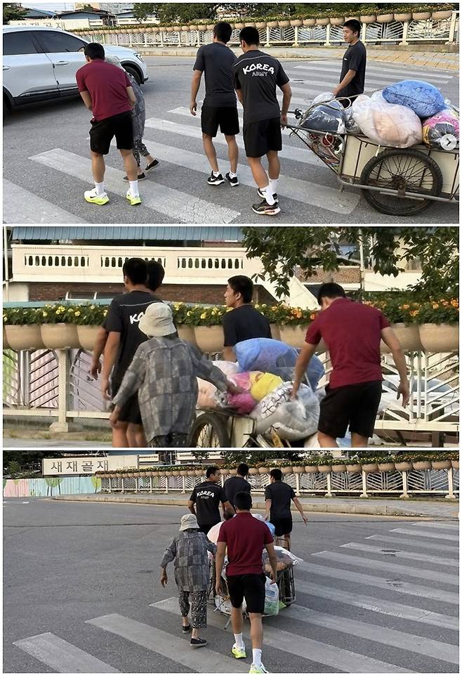 프로축구 K리그1 김천상무 소속 고재현·김주찬·박세진·전병관 선수가 리어카 끄는 할머니를 도운 미담이 뒤늦게 알려졌다. /사진=김천상무프로축구단 공식 인스타그램