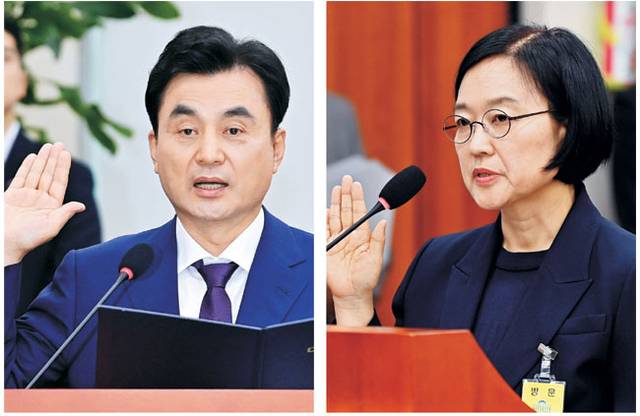 청문회 슈퍼위크 이틀째  : 안규백(왼쪽 사진) 국방부 장관 후보자가 15일 오전 국회 국방위원회에서 열린 인사청문회에서 선서하고 있다. 오른쪽은 같은 날 한성숙 중소벤처기업부 장관 후보자가 산업통상자원중소벤처기업위원회 청문회에서 선서하는 모습.  문호남·백동현 기자