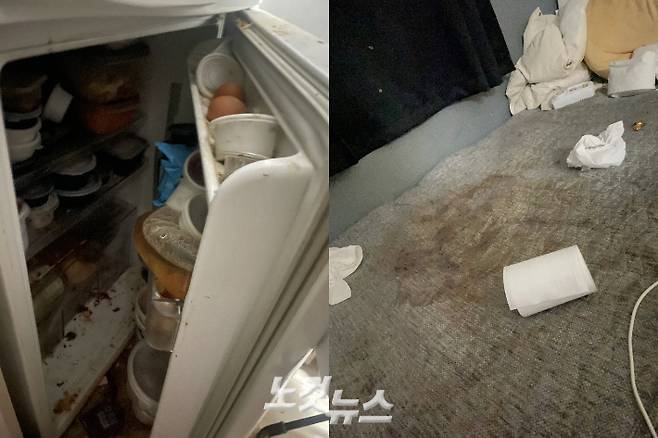 배달 음식 용기가 가득 찬 냉장고(왼쪽)와 붉게 오염된 침대. 장기간 침대에서만 생활한 흔적이 뚜렷하다. 강지윤 기자