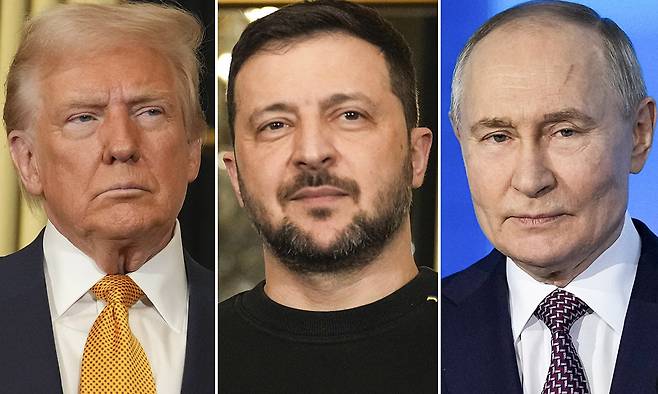 (왼쪽부터) 도널드 트럼프 미국 대통령,&nbsp;볼로디미르 젤렌스키 우크라이나 대통령,&nbsp;블라디미르 푸틴 러시아 대통령. AP연합뉴스